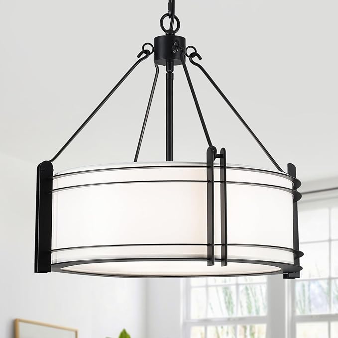 16.3''Black Drum Chandelier 3-Light Modern Farmhouse Chandelier with White Fabric Shade Adjustable Drum Pendant Light Fixture for Dining Room Kitchen Island Hallway Living Bedroom
