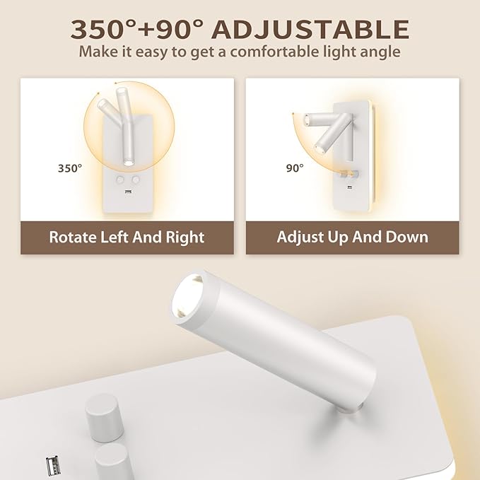 M04 Dimmable Wall Mounted Sconces Reading Light Bedside Lamp with USB Port Headboard Plug in Hardwire Wall Lamps Sconces Adjustable Headboard 0.9-3.7 Spotlight + 1.2-6W Backlight