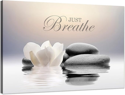 Zen Stone Canvas Wall Art Just Breathe Yoga Quotes Poster for Spa Decor White Lotus Flower Pictures Prints for Bathroom Modern Spiritual Artwork Framed (28 x 44inches)
