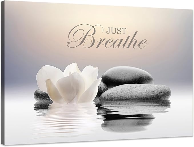Zen Stone Canvas Wall Art Just Breathe Yoga Quotes Poster for Spa Decor White Lotus Flower Pictures Prints for Bathroom Modern Spiritual Artwork Framed (24 x 36inches)