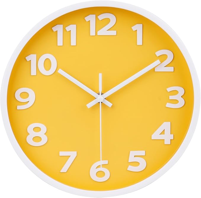 10 Inch Yellow Modern Wall Clock Silent Non-Ticking Battery Operated Wall Clocks for Home Office School Decor,3D Numbers Easy to Read