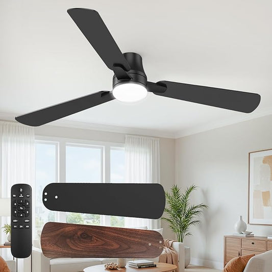 Ceiling Fans with Lights and Remote: 52 Inch Modern Black Ceiling Fan, Low Profile Flush Mount, Quiet Reversible DC Motor &amp; 3CCT Dimmable LED for Bedroom Living Room Kitchen Indoor Outdoor