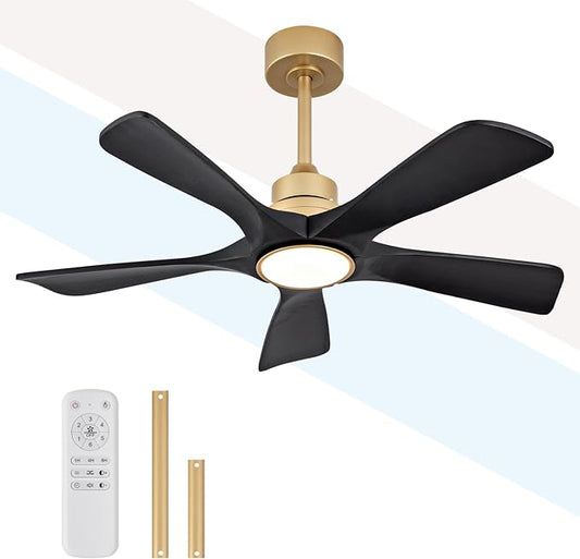 42 Inch Gold Ceiling Fans with Lights with 5 Black Solid Wood Blades, Modern Outdoor Ceiling Fan with Remote for Bedrooms, Living Rooms Dining Rooms, 6 Speeds, Quiet DC Motor, Dimmable Led