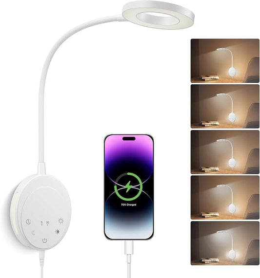 Wall Mounted Reading Light,Bedside Headboard Lights with 5 Color Temperature &5 Dimming,360°Flexible Gooseneck,USB Output, Night Light&Timer Function- Perfect for Reading (White)