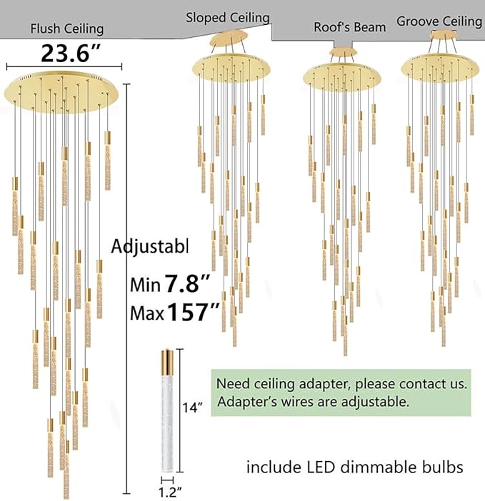 13ft Long Crystal Chandelier for Living Room, Dining Room, Entryway, Kitchen, Hotel - Gold
