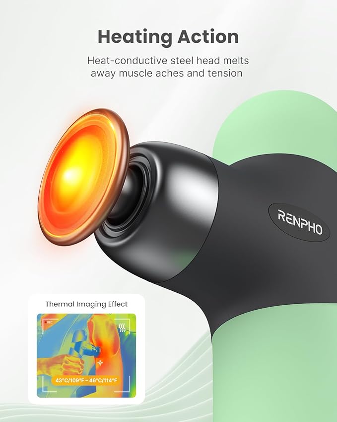 RENPHO Mini Thermal Massage Gun with Heat, Portable Deep Tissue Percussion Massager, Color Silicone Sleeves Travel Size with Carry Case, Spearmint