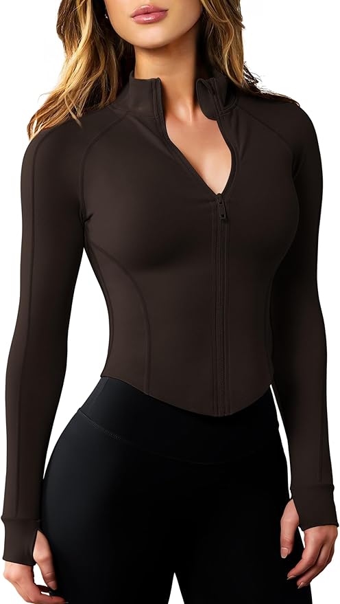 AVGO Women's Workout Jacket Lightweight Zip Up Cropped Yoga Jackets Slim Fit Athletic Tops with Thumb Holes