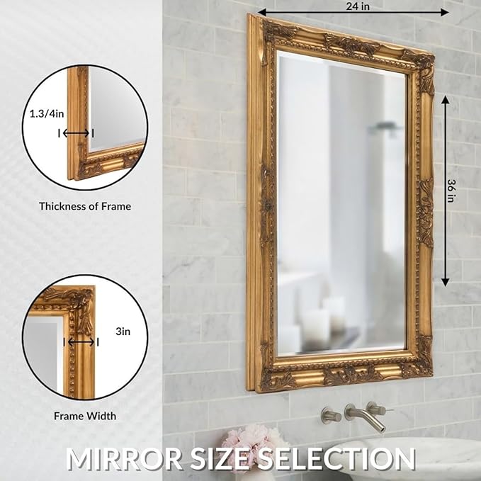 Howard Elliott Queen Ann Rectangular Antique Golf Leaf Wall Mirror, Rectangle Hanging Wood Framed Vanity Mirrors for Home Decor, Living Room, Bathroom, Bedroom, or Hallway, 24 x 36 Inch