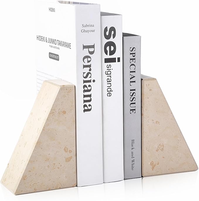 Marble Bookends for Heavy Books, Decorative Book Ends for Shelves, Beige Stone Durable and Heavy-Duty Book Ends for Hardback Books &amp; CDS, Unique Book Stopper &amp; Holder, Set of 2