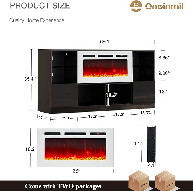oneinmil Fireplace TV Stand with 36” Electric Fireplace, 70” TV Console Stand for TVs Up to 80", LED Light Entertainment Center, Fireplace for The Living Room TV Stand, Set of Table, Black