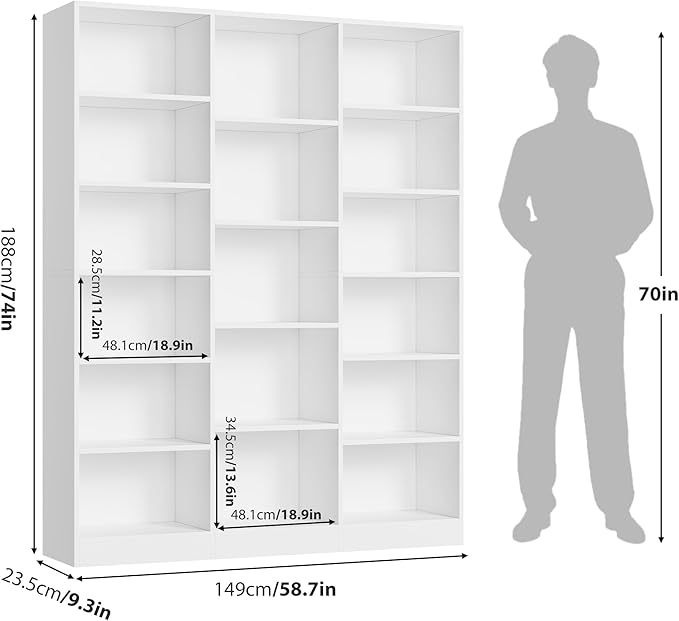 Triple Wide Bookshelf, 6 Tier Large Bookshelf, Bookcase with 17 Open Display Shelves, 74'' Tall Bookcases and Bookshelfs for Living Room, Home Office, Library, White