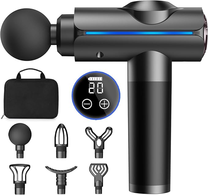 Massage Gun, Deep Tissue Massage Gun for Pain Relief, Quiet Electric Percussion Massager, Handheld Electric Muscle Massager with Carry Case 20 Speeds & LED Screen, Gift for Women/Men. Grey