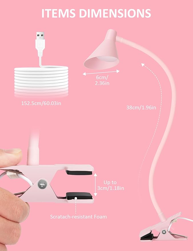 Pink Small Desk Lamp Clip on LED Reading Light for Bed, 3 Color Modes 10 Dimmable Brightness, Book in Bed Headboard, Flexible Neck Clamp BL08