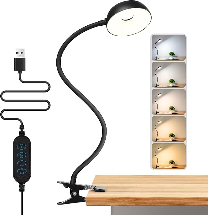 【Clip on Lamp】 10-Level Dimming & 5 Color Modes LED Book Light, Flexible Gooseneck Reading Light for Beds, Desks, Headboards - Eye-Friendly Night Light for Kids/Adults (Black)