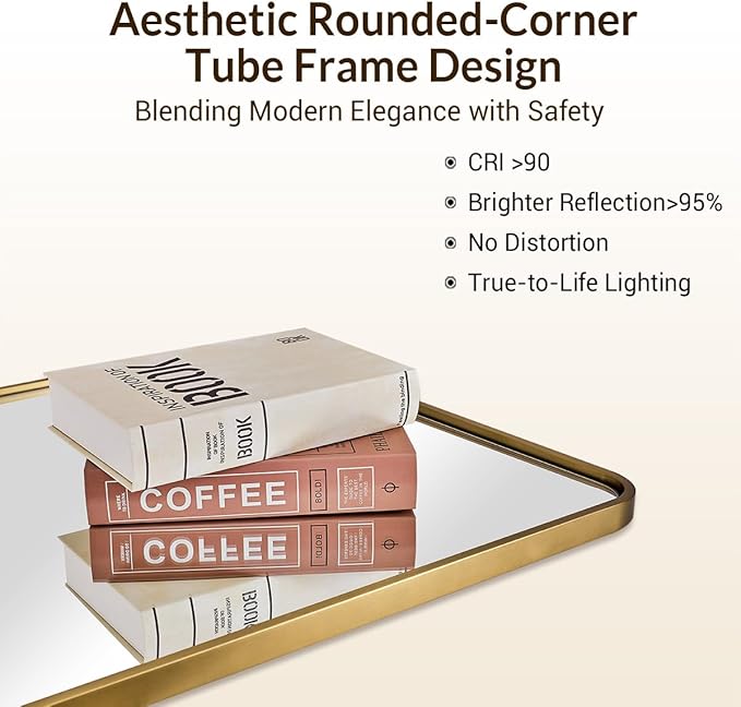 ANDY STAR Gold Bathroom Mirror for Wall, 30x36'' Brushed Gold Rounded Rectangle Mirror for Vanity in SUS304-Anti-Rust, Wall-Mounted Horizontal/Vertical 1'' Deep