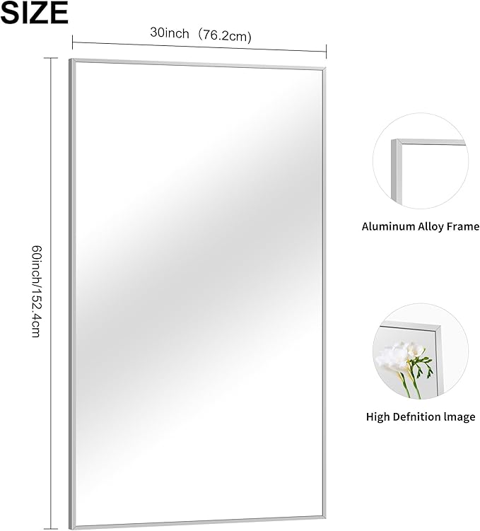 Silver Bathroom Mirror for Wall, 30x60 Inch Rectangle Mirrors with Metal Frame, Modern Vanity Large Wall Mirror for Bathroom Living Room, Entryway Hangs Horizontal or Vertical