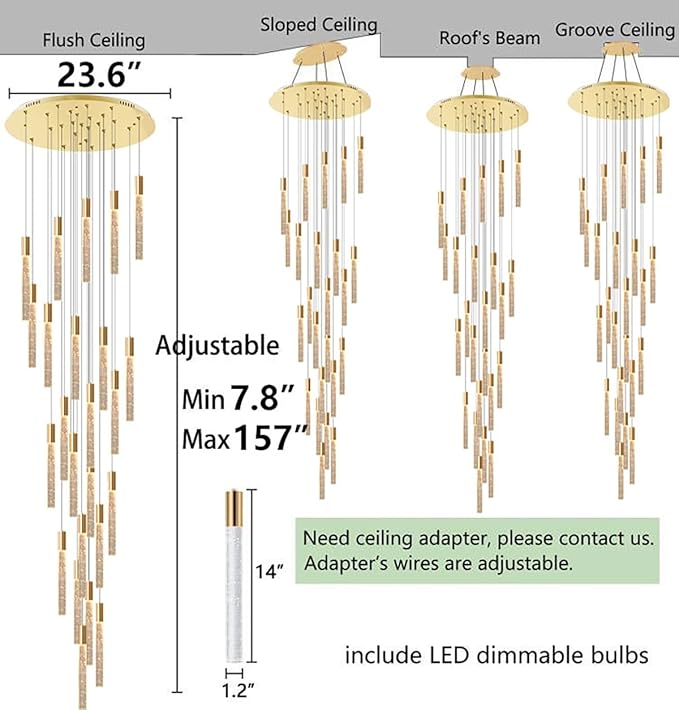 13FT High Ceiling Chandelier for Entryway Modern Crystal LED Light Glam Chandeliers for Living Room Foyer Sloping Ceiling Pendant Lighting Fixture 24-Lights Gold