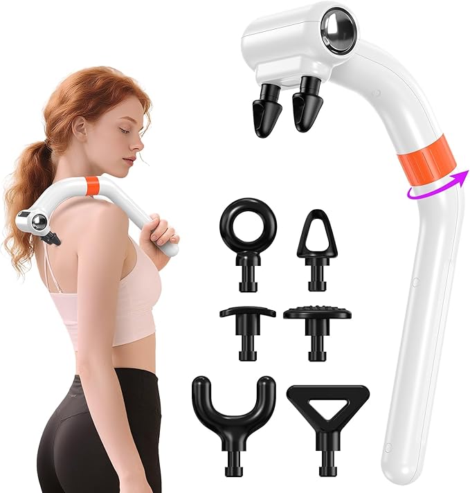 Dual-Head Massage Gun Deep Tissue with 3-in-1 Detachable Extension Handle, Handheld Percussion Back Massager for Muscle Neck Shoulder Body Pain Relief - 6 Speeds Levels (White)