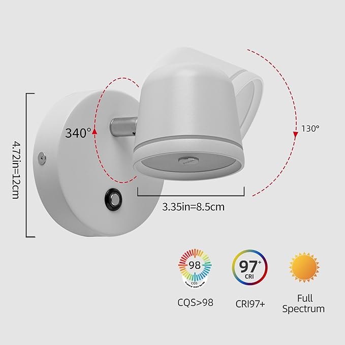 Aisilan Wall Sconces Set of Two with Switch Dimmable 7W Sconces Wall Lighting Modern White Bedroom Wall Mounted Light Adjustable Hard Wire Sconces for Bedside Living Room Study Room