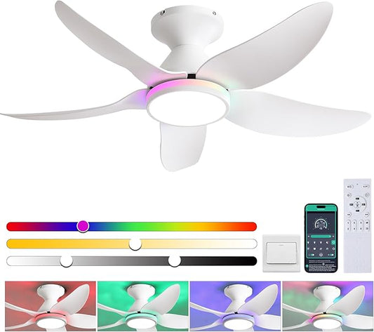 Ceiling Fans with Lights Remote/APP Control, 38" Low Profile Ceiling Fans with Dimmable White Colors+Ring RGB Lights, 6 Speeds 5 Reversible Blades for Kids Room Bedroom Living Room, White