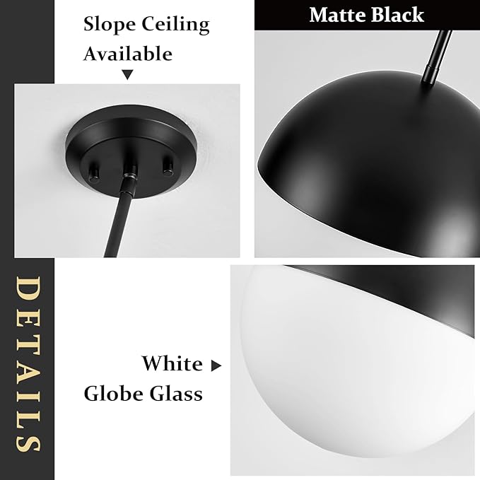 10in Globe Pendant Light Black Large Glass Kitchen Island Pendant Light Fixtures Mid Century Modern Frosted Glass Hanging Light Milky White Ball Pendant Lights for Kitchen Sink Dining Bedroom Entry