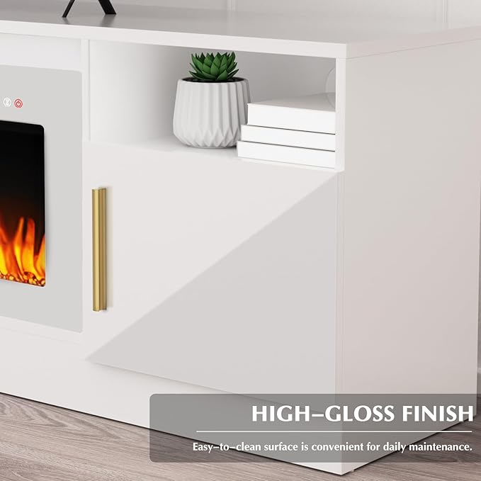 Lemberi Fireplace tv Stand with 36 inch White Fireplace Up to 80" TVs,LED Light Entertainment Center and Storage, 70" Modern Wood Media TV Console with Highlight Cabinet for Living Room