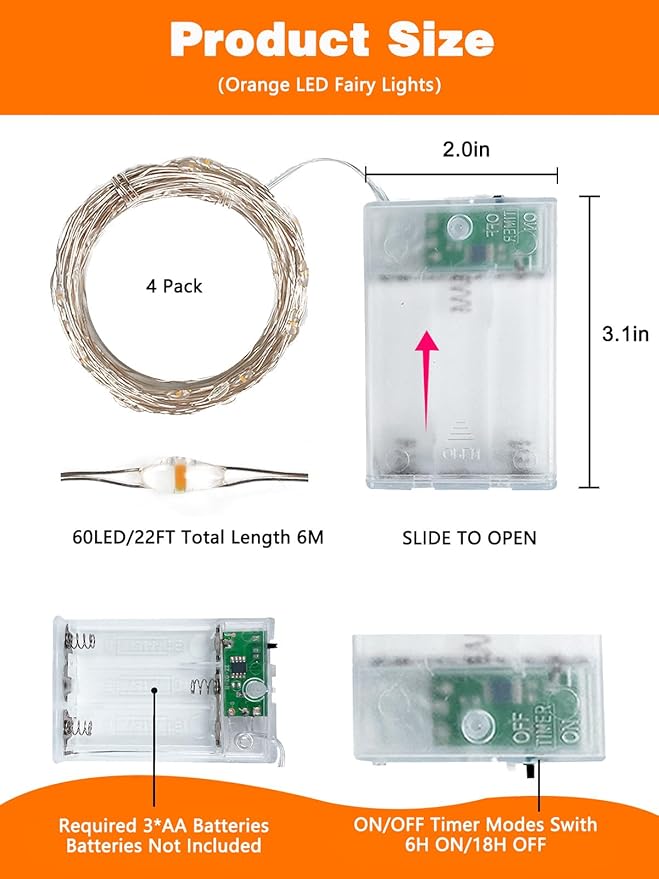 4 Pack 20FT 60LED Halloween Battery Operated Fairy Lights with Timer, Waterproof Battery String Lights Outdoor Indoor, Battery Twinkle Lights for Bedroom Wedding Birthday Party Halloween (Orange)