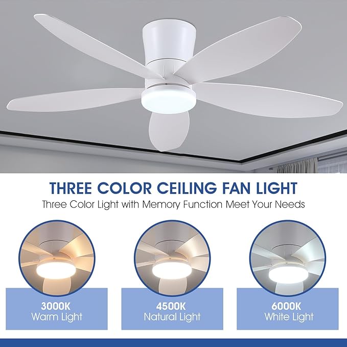 48" Ceiling Fans with Lights-Low Profile Ceiling Fan with Light and Remote/APP Control,Flush Mount,DC Reversible,LED Dimmable Modern Ceiling Fans for Bedroom,Indoor/Outdoor Patio Use(White)