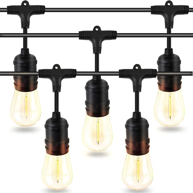 48ft LED Outdoor String Lights with 15+1(Spare) 1W Shatterproof Bulbs, Black Waterproof IP65 Connectable Outdoor Decorative Lights for Garden Patio Cafe Bistro Backyard Porch, ETL Listed