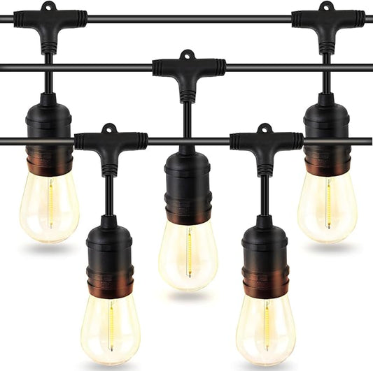 48ft LED Outdoor String Lights with 15+1(Spare) 1W Shatterproof Bulbs, Black Waterproof IP65 Connectable Outdoor Decorative Lights for Garden Patio Cafe Bistro Backyard Porch, ETL Listed