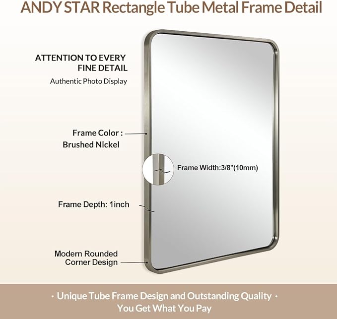 ANDY STAR Mirrors for Wall, 20x28'' Brushed Nickel Bathroom Mirror, Rounded Rectangle Mirrors for Vanity, Anti-Rust SUS304, Tube Metal Frame, 1'' Deep Wall Mounted Vertically/Horizontal