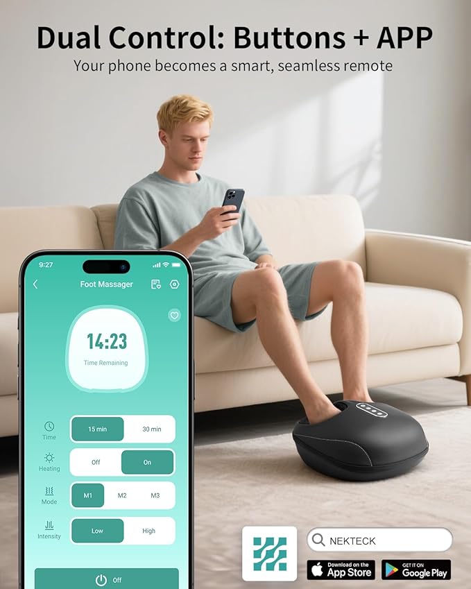 Nekteck Shiatsu Foot Massager with Heat, Foot Massager Machine for Plantar Fasciitis, Neuropathy Pain, Deep Kneading, Air Compression, Remote APP Control, Gifts for Her Him, Fits Up to 13"