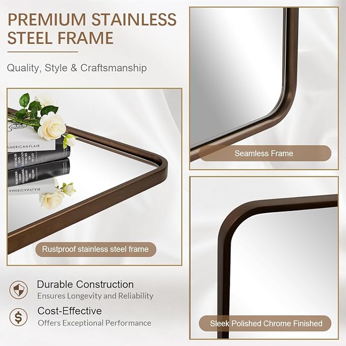 ANDY STAR 24x32 INCH Bronze Bathroom Mirror, Rounded Rectangle Oil Rubbed Bronze Mirrors for Bathroom,Tube Metal Framed, 1'' Deep Wall Mounted Vertically/Horizontal