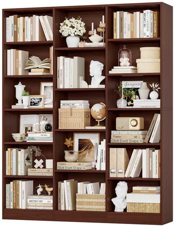 Triple Wide Bookshelf, 6 Tier Large Bookshelf, Bookcase with 17 Open Display Shelves, 74'' Tall Bookcases and Bookshelfs for Living Room, Home Office, Library, Cherry
