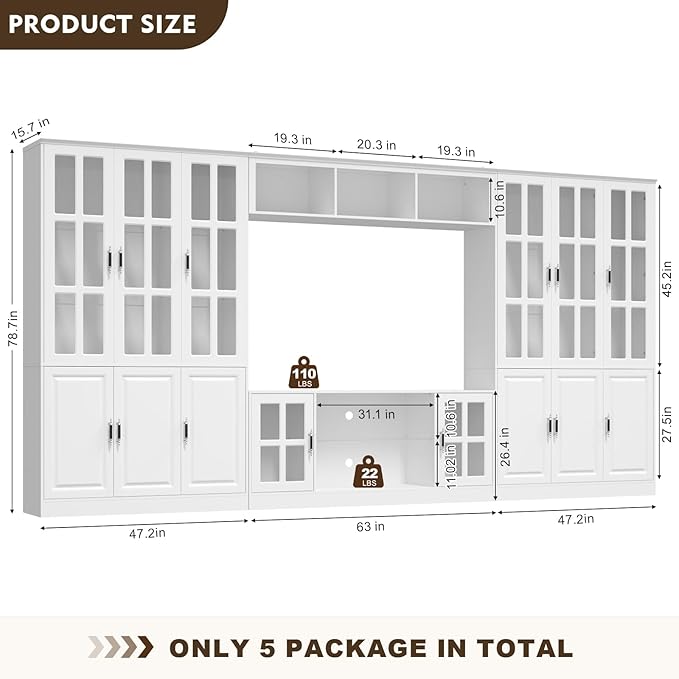 MEISSALIVVE 4-Piece Wall Unit TV Stand with Storage & LED Lights for TVs up to 75", Modern Entertainment Center with Bookshelves & 6-Door Pantry Cabinet, White