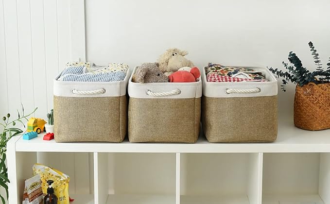TheWarmHome Organization and Storage Basket for Gifts Empty - 16x12x12 inch Cube Storage bin 3 Pack Fabric Storage Cubes, Collapsible Baskets for Organizer Closet Cloth Gift Toy (White &amp; Khaki)