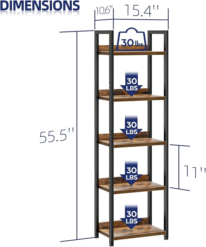 NUMENN Narrow Bookshelf, 5 Tier Bookshelfs, Home Office Bookcase Shelf Storage Organizer, Free Standing Storage Shelving Unit for Bedroom, Living Room and Home Office, Vintage