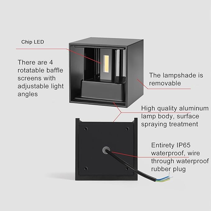 LED 20W Outdoor Wall Lights Exterior/Interior Porch Lights Outdoor Wall Up and Down Lights IP65 Waterproof Sconces Modern Outdoor Lighting Fixtures Square Aluminum Black 6500K Cold Lights