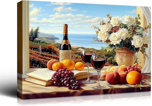 superbpag - Kitchen Still Life Canvas Wall Art, Fruit Grapes Wine Bottles Food Dining Room Wall Art, Contemporary Kitchen Vintage Canvas Print Oil for Living Room Home Decor 24x18 Inch