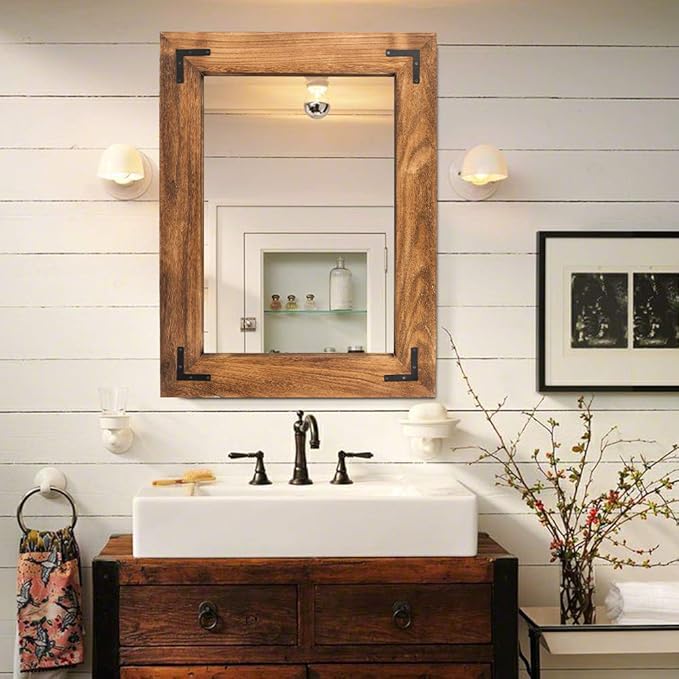 YOSHOOT Rustic Wooden Framed Wall Mirror, Natural Wood Bathroom Vanity Mirror for Farmhouse Decor, Vertical or Horizontal Hanging