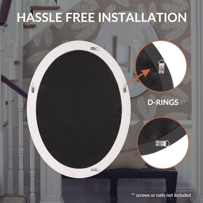 Howard Elliott George Oval Glossy White Wall Mirror, Oval Bevelled Hanging Wood Framed Vanity Mirrors for Home Decor, Living Room, Bathroom, Bedroom, or Hallway, 25 x 33 Inch