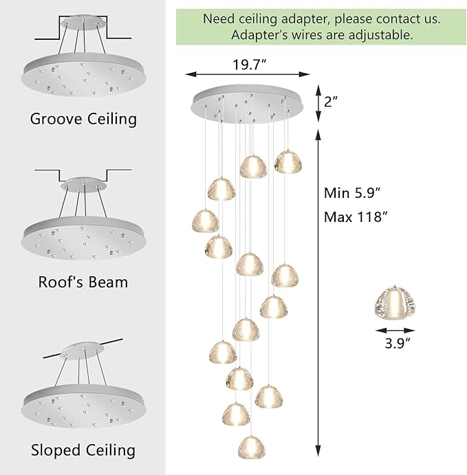 14-Light Modern Chandeliers for Entrance High Ceiling Chandelier Long Lights Fixture LED Ceiling Light Bubble Crystal for Hallway Foyer Stairwell