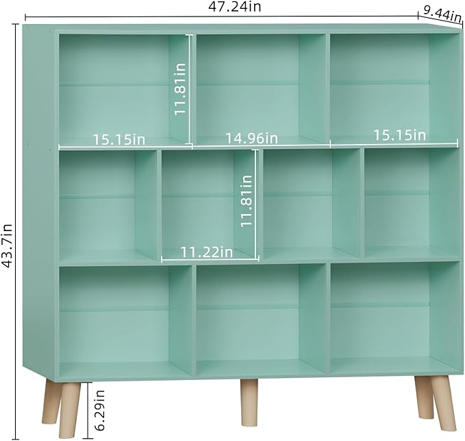 LEYAOYAO 10 Cube Bookshelf,3 Tier Modern Wide Bookcase with Legs,Mid-Century Wood Bookshelfs Storage,Mint-Green Large Book Case,Freestanding Organizer Display Shelf for Bedroom,Living Room,Office