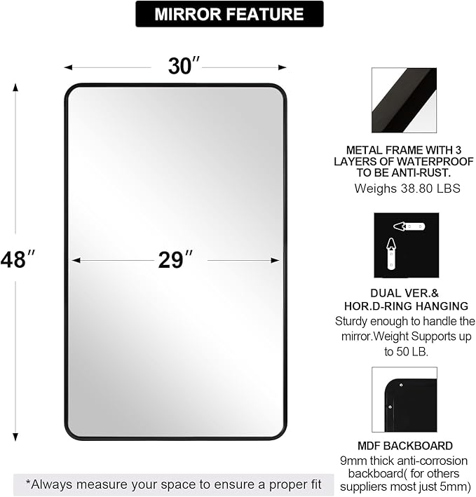 ANDY STAR 30''x48'' Black Bathroom Mirror, Rounded Rectangle Black Metal Framed Bathroom Vanity Mirror for Wall, Iron Tube, 1'' Deep, Wall-Mounted Horizontal/Vertical