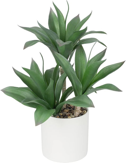 Hollyone Large Artificial Agave Plants Fake Three-Head Agave Succulent Plant Potted 15" Faux Plant in White Pot Succulents Aloe Plant Indoor for Desk Modern Home Decor