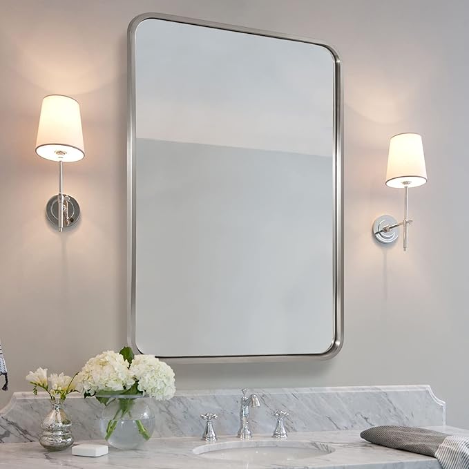 ANDY STAR Mirrors for Wall, 20x28'' Brushed Nickel Bathroom Mirror, Rounded Rectangle Mirrors for Vanity, Anti-Rust SUS304, Tube Metal Frame, 1'' Deep Wall Mounted Vertically/Horizontal