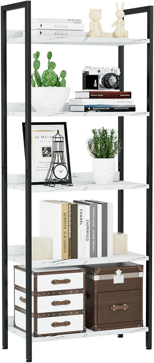 NUMENN Bookshelf, 5 Tier Bookshelfs, Home Office Bookcase Shelf Storage Organizer, Free Standing Storage Shelving Unit for Bedroom, Living Room and Home Office, White Marble