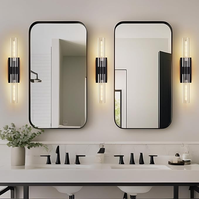 Bathroom Vanity Light Fixtures Wall Sconces, 22.8" Sconces Wall Lighting 2-Light, Black Glass Lamp, Glass Vanity Lights, Indoor Wall Lamps for Bedroom Bedside Living Room Hallway