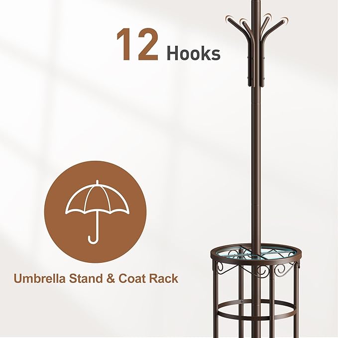 FILWH Freestanding Coat Rack With Umbrella Stand and 12 Hooks - Metal Coat Tree, Hat and Jacket Hanger for Entryway (Brown)