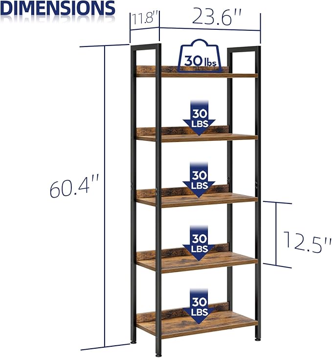 NUMENN Bookshelf, 5 Tier Bookshelfs, Home Office Bookcase Shelf Storage Organizer, Free Standing Storage Shelving Unit for Bedroom, Living Room and Home Office, Vintage